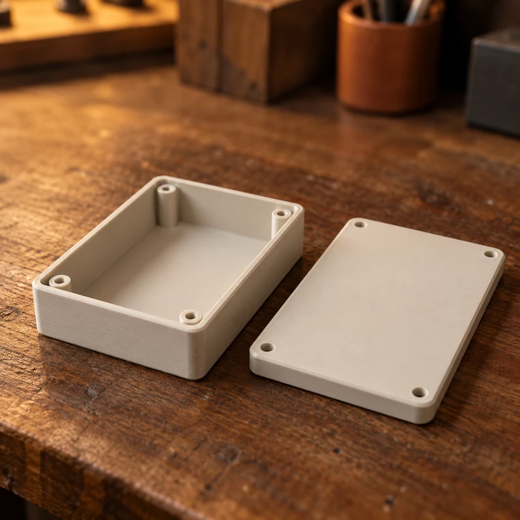 Prototipo conceptual de carcasa marfil con tapa separada y líneas de impresión visibles.