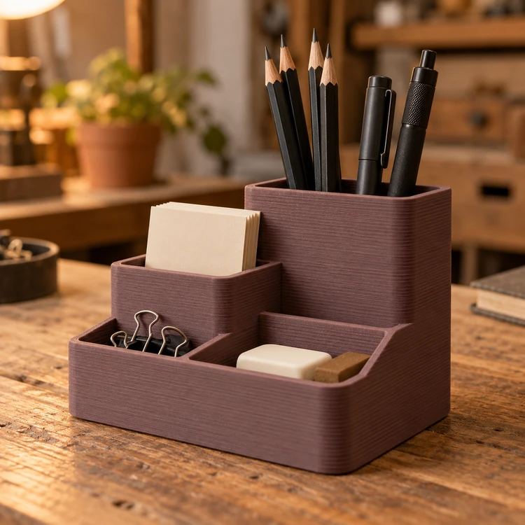 Organizador conceptual color ciruela con compartimentos y útiles de escritorio.
