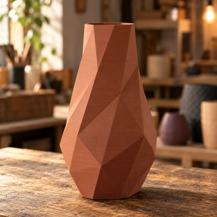 Objeto decorativo conceptual terracota de formas facetadas y textura de impresión FDM.