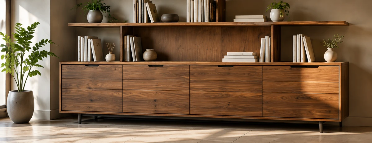 Mueble conceptual de madera para exhibición y almacenamiento.