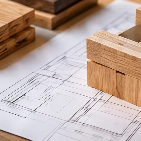 Estudio conceptual de ensambles de madera sobre planos de mobiliario.