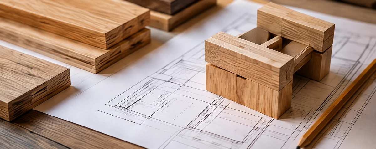 Estudio conceptual de ensambles de madera sobre planos de mobiliario.