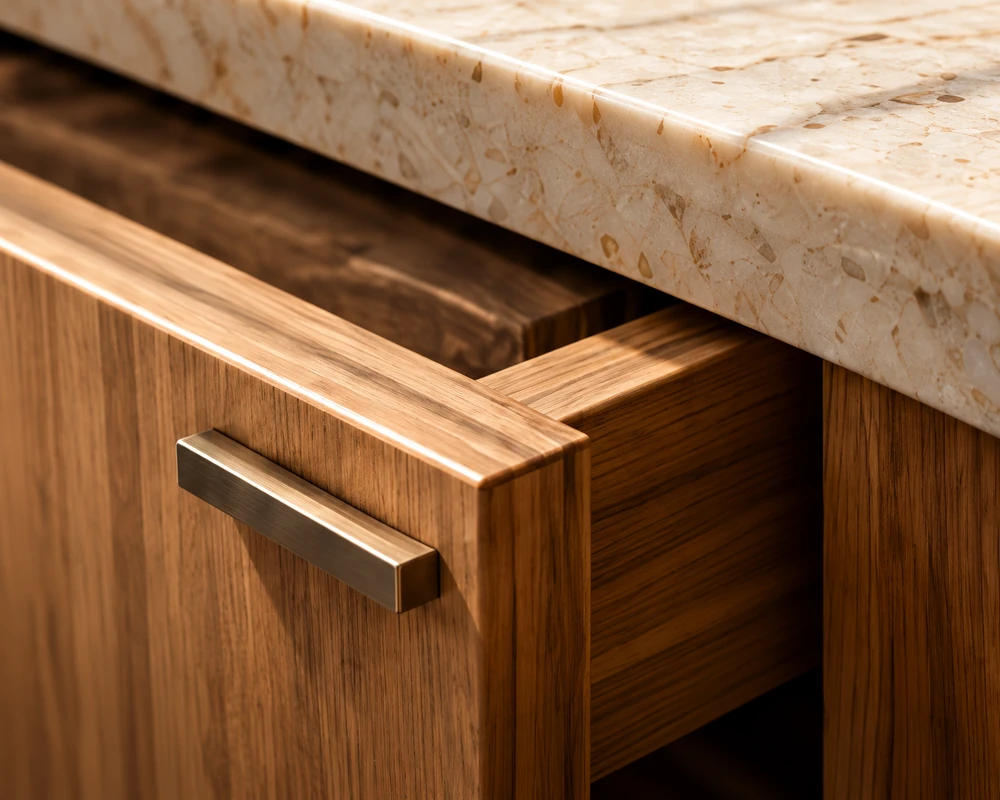 Detalle conceptual de un cajón de madera con tirador metálico y cubierta clara.