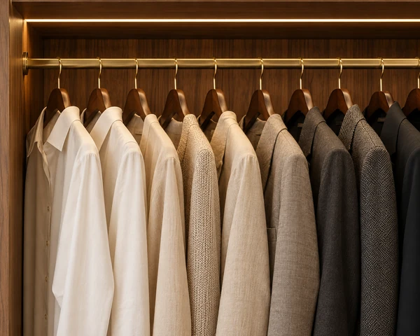 Ropa organizada en barra de colgado dentro de clóset de nogal. Visualización conceptual.