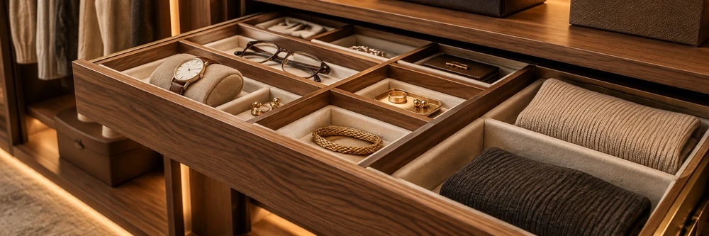 Bandeja organizadora de accesorios con compartimentos. Visualización conceptual.