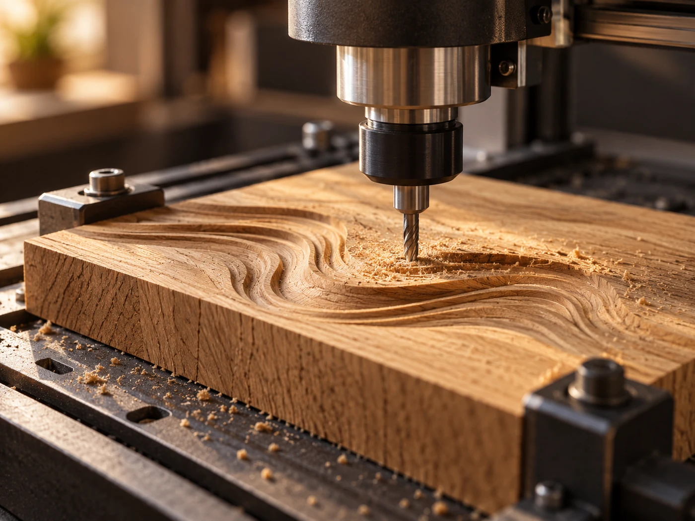 Fresa de CNC sobre una pequeña muestra de madera con relieve curvo; imagen conceptual.