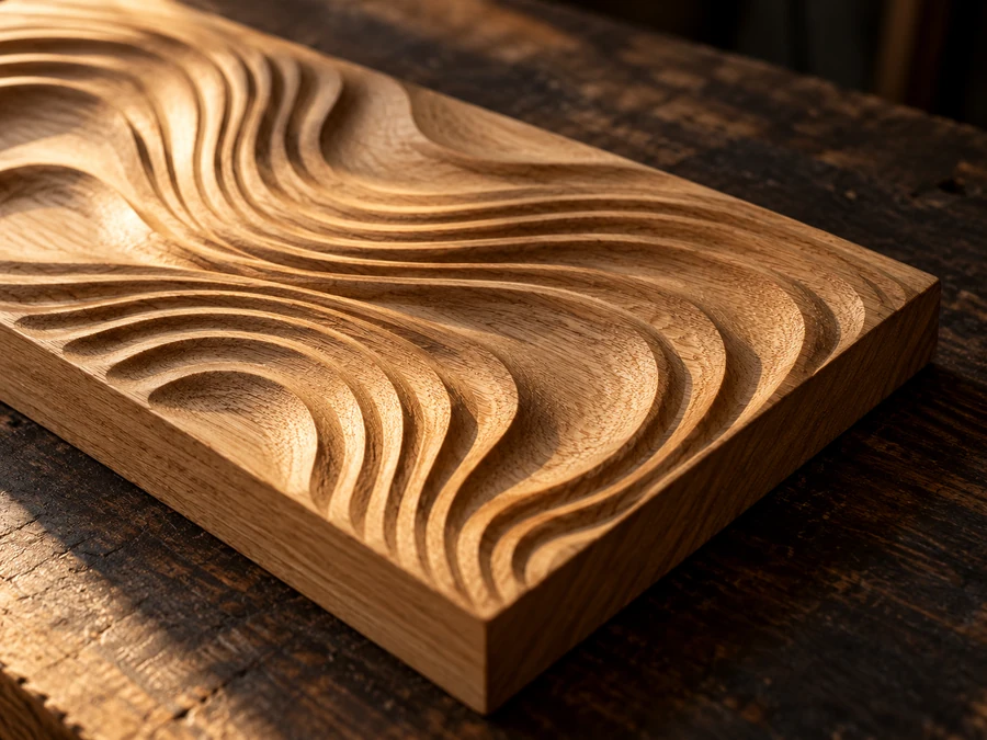 Muestra rectangular de madera con relieve orgánico; imagen conceptual.