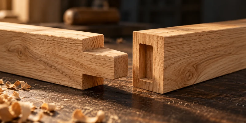 Dos piezas de madera separadas mostrando un ensamble de lengüeta y ranura; imagen conceptual.