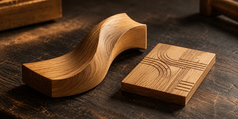 Forma curva de madera junto a una muestra con líneas geométricas grabadas; imagen conceptual.
