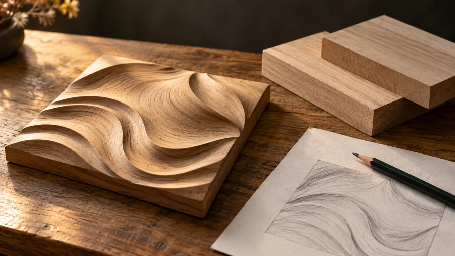Muestras de madera, lápiz y boceto de contornos sobre una mesa; imagen conceptual.