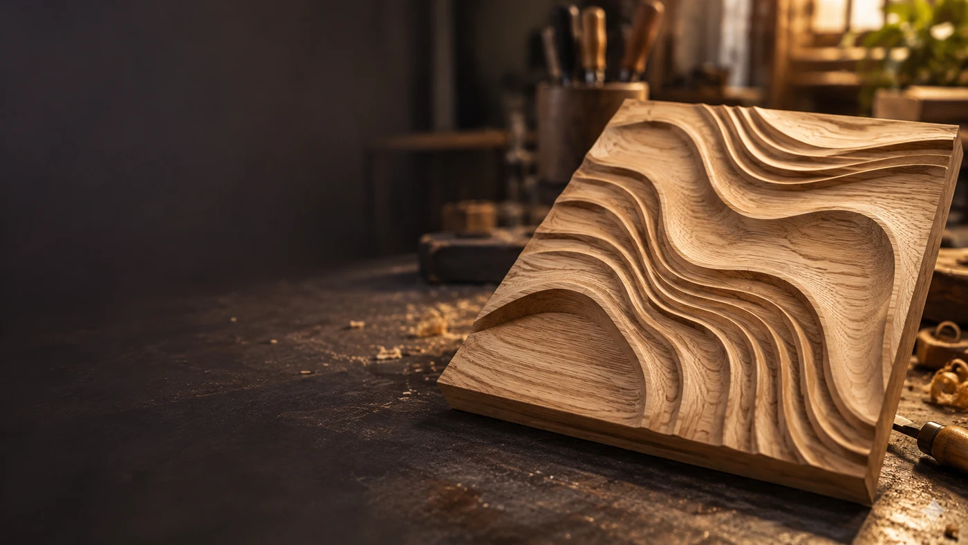 Muestra de madera con relieve de curvas junto a un fondo oscuro; imagen conceptual.
