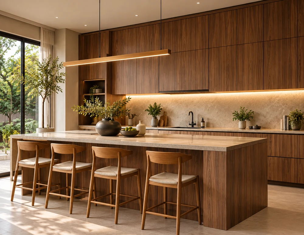 Cocina cálida de madera natural con isla clara y bancos de madera.