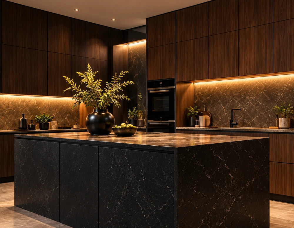 Cocina elegante de nogal e isla negra con iluminación cálida y electrodomésticos integrados.