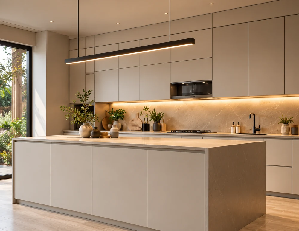 Cocina minimalista de frentes claros con isla y líneas limpias.
