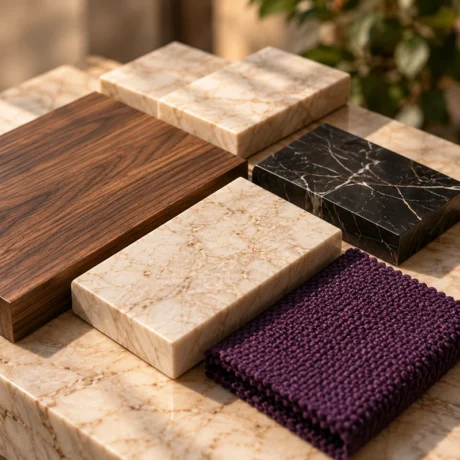 Muestrario conceptual de madera, piedra y tejido morado
