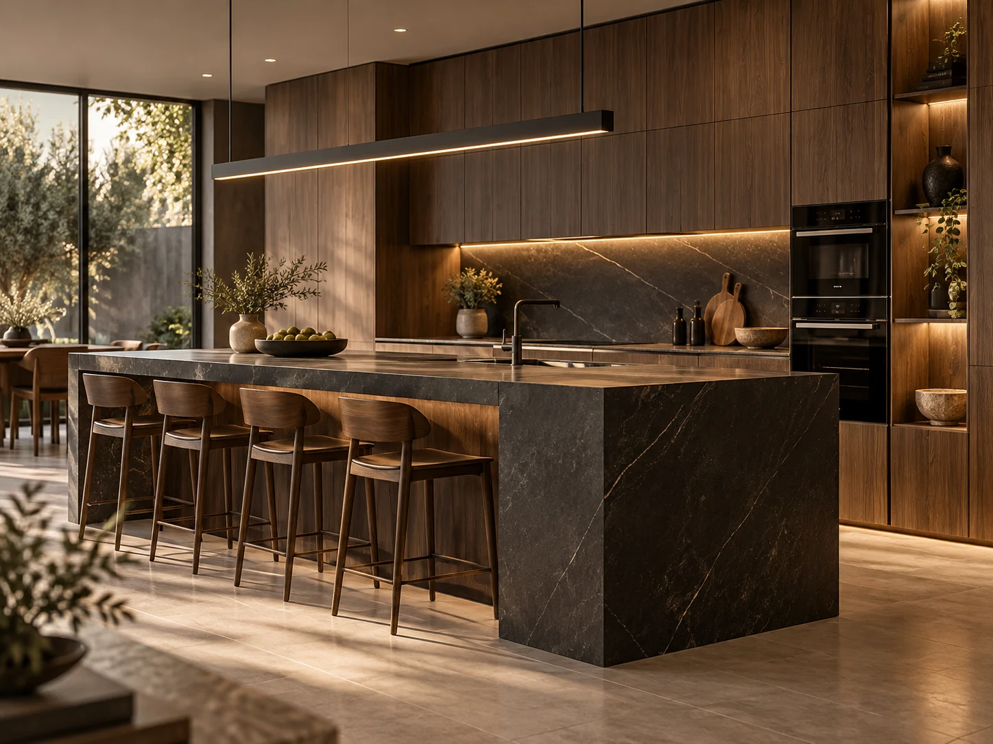 Visualización conceptual de cocina a medida con isla y muebles de madera.