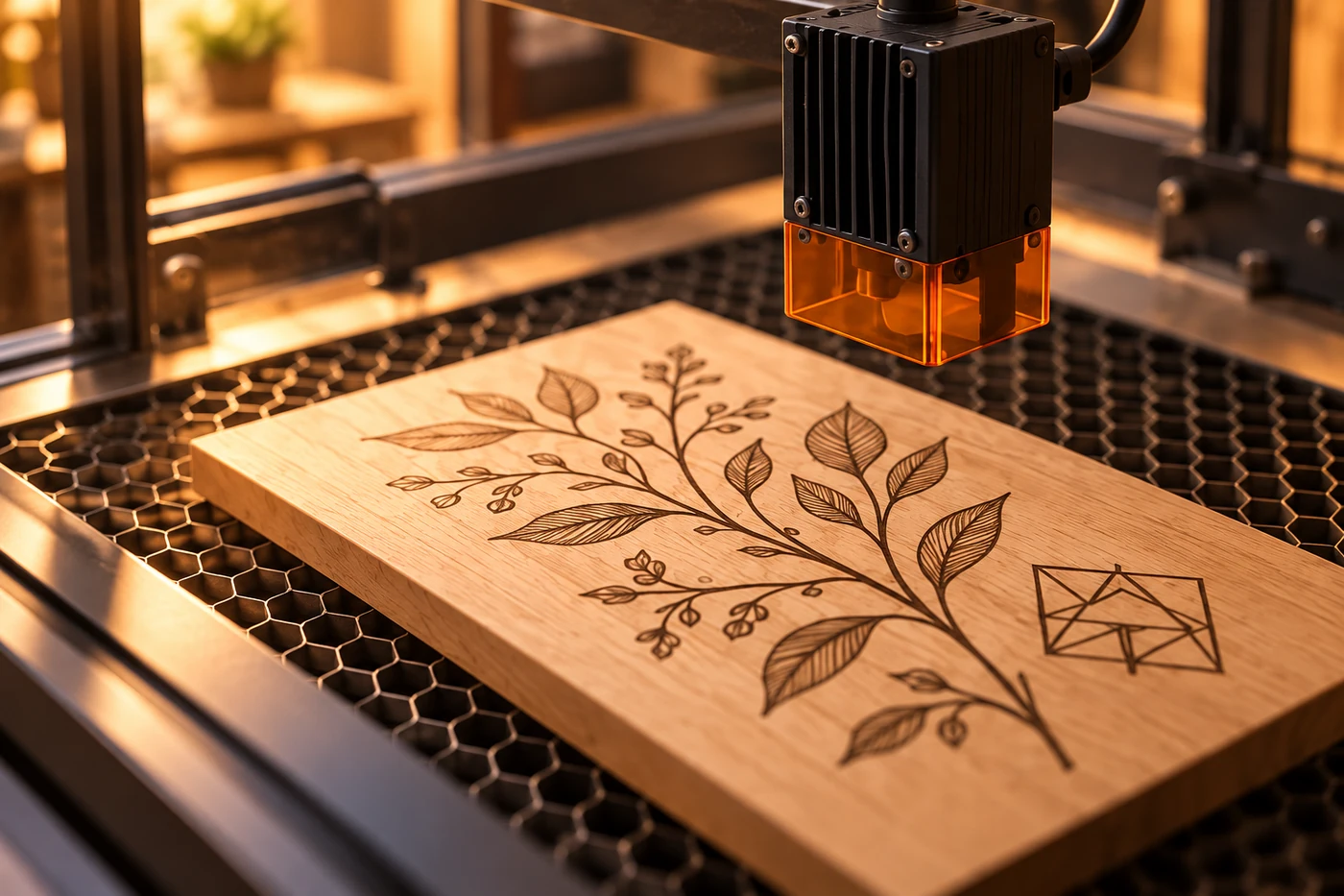 Cabezal láser de diodo con protección ámbar sobre una placa de madera con grabado botánico.
