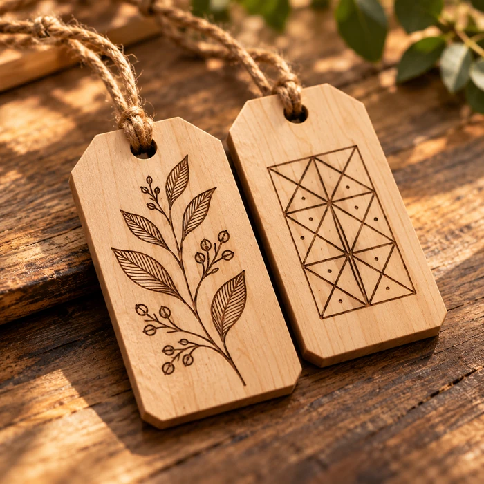 Etiquetas de madera con cordón y motivos botánicos y geométricos grabados.