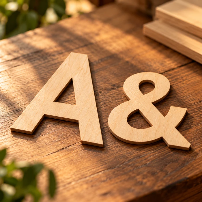 Letra A y símbolo ampersand cortados en contrachapado delgado, sobre una mesa.