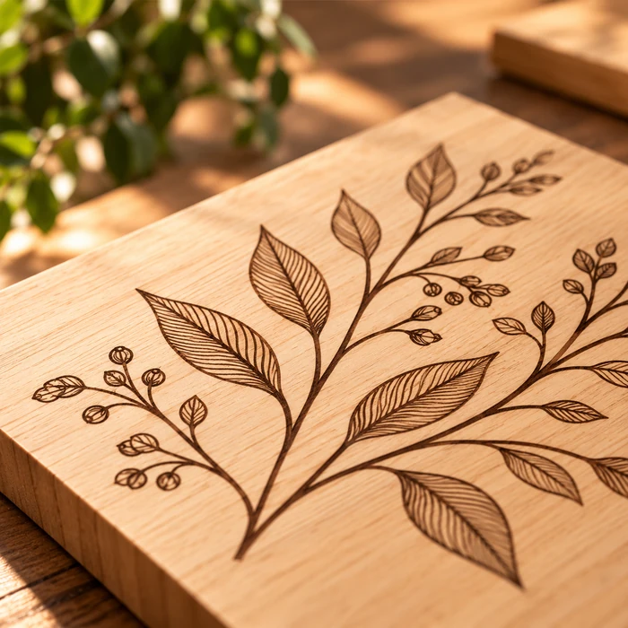 Detalle de hojas y tallos grabados superficialmente en una placa de madera.