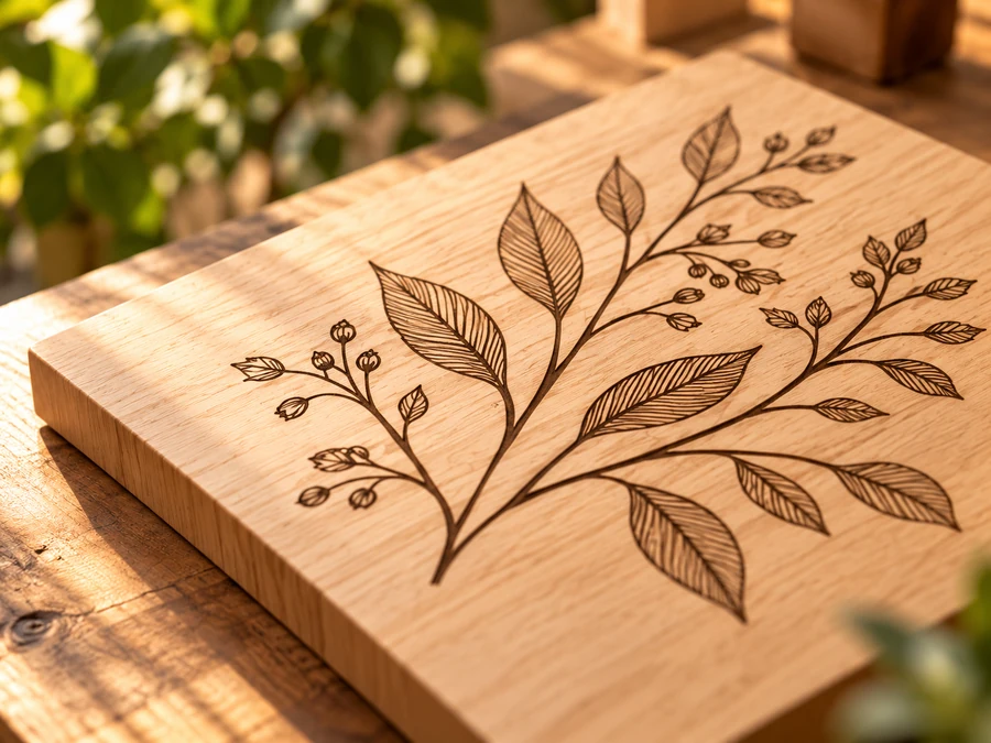 Placa de madera con un diseño botánico de hojas y tallos grabado.