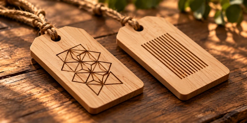 Dos etiquetas de madera con diseños geométricos y líneas paralelas grabados.