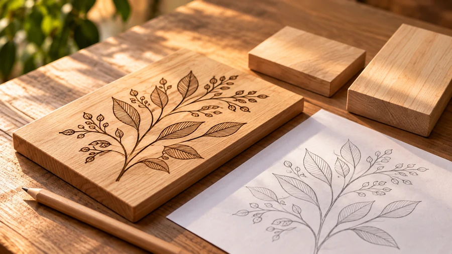 Boceto botánico, lápiz y muestras de madera para preparar un proyecto de grabado.