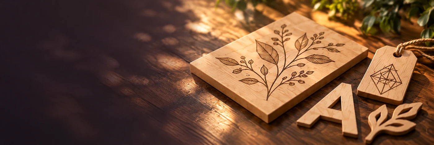 Placa grabada, etiqueta y figuras planas de madera en una mesa de taller.
