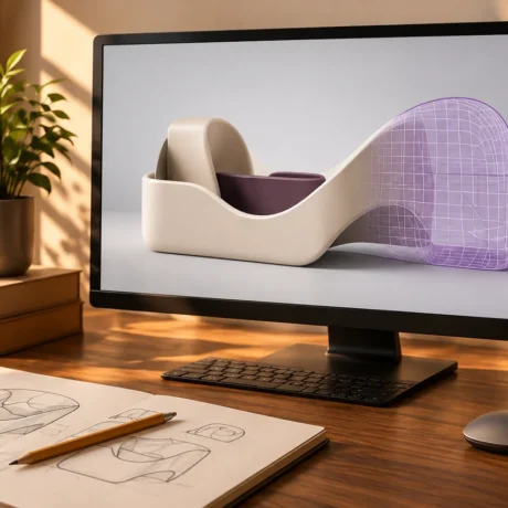 Monitor sobre escritorio de nogal con un modelo conceptual marfil y una transición a malla púrpura.