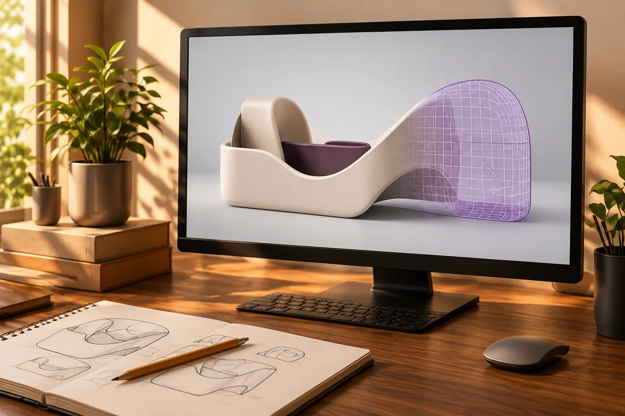 Monitor sobre escritorio de nogal con un modelo conceptual marfil y una transición a malla púrpura.
