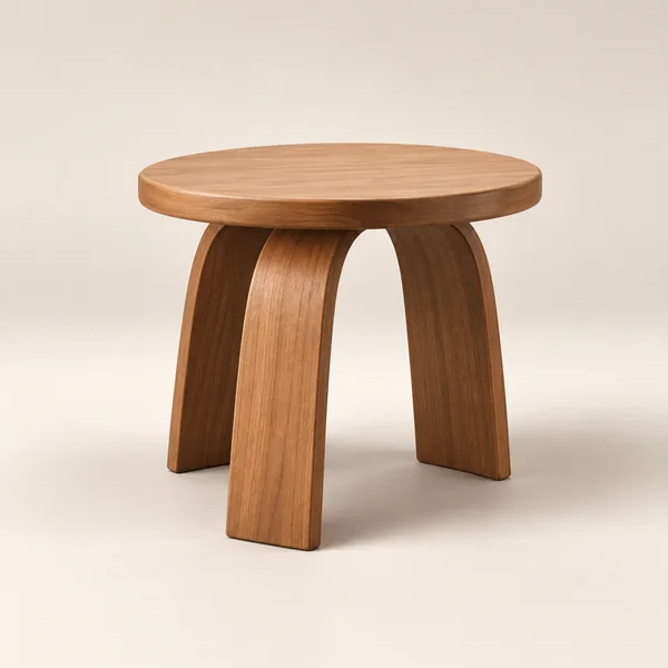 Modelo conceptual de taburete con asiento redondo y patas curvas en tono madera.
