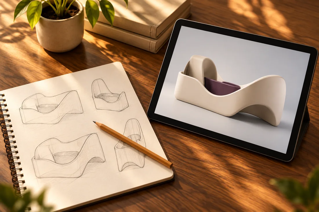 Bocetos libres de un organizador junto a una tableta con su modelo digital conceptual.