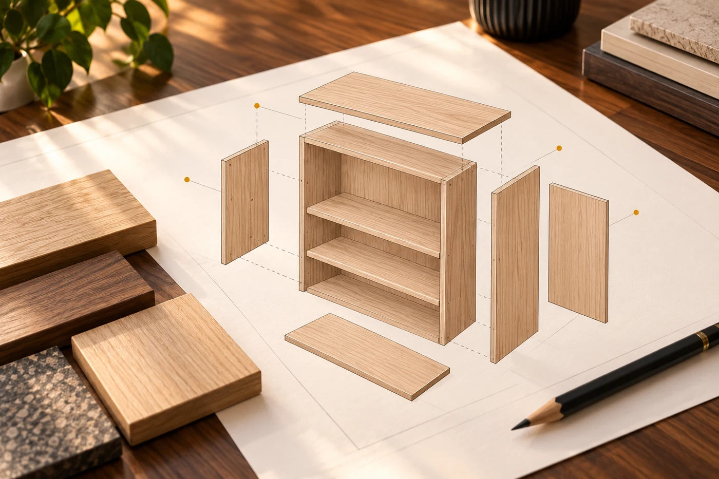 Mesa de diseño con un despiece conceptual de librero abierto, muestras de madera y lápiz.