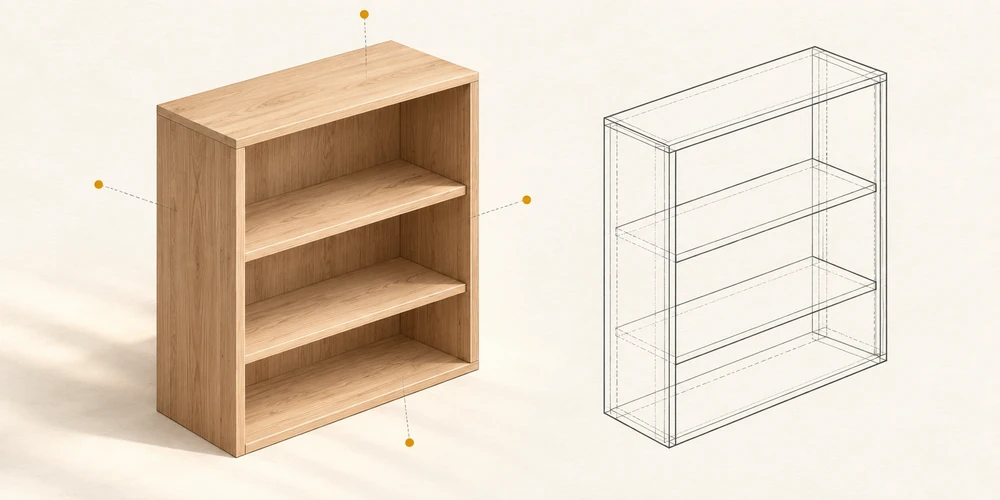 Vistas conceptuales del mismo librero en madera y líneas.