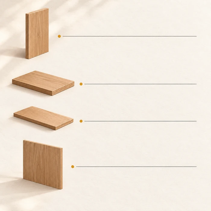 Cuatro representaciones de paneles de madera organizadas en filas.