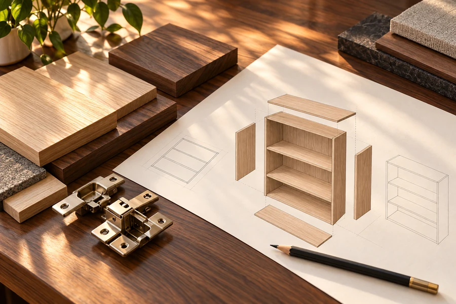 Muestras de madera, herrajes y documentación conceptual sobre mesa de trabajo.