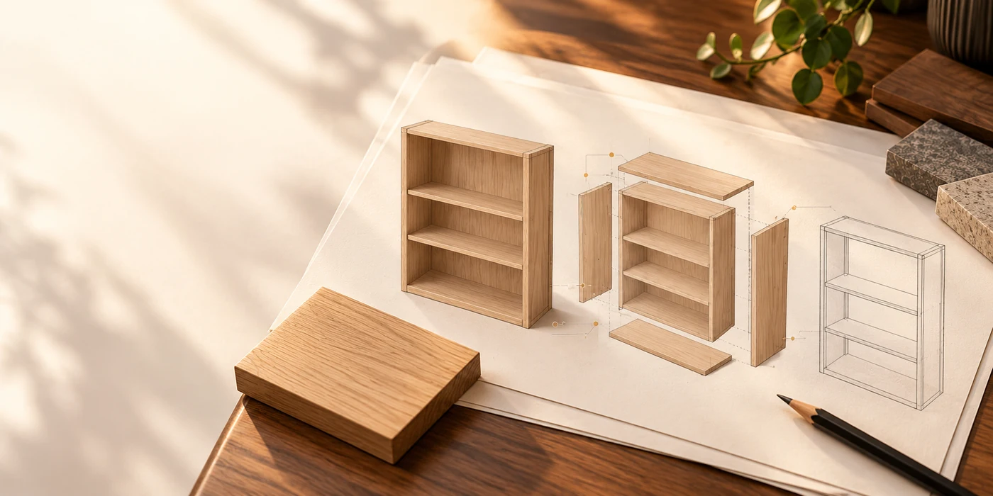 Documentación conceptual ordenada con vistas de librero, muestras de madera y lápiz.